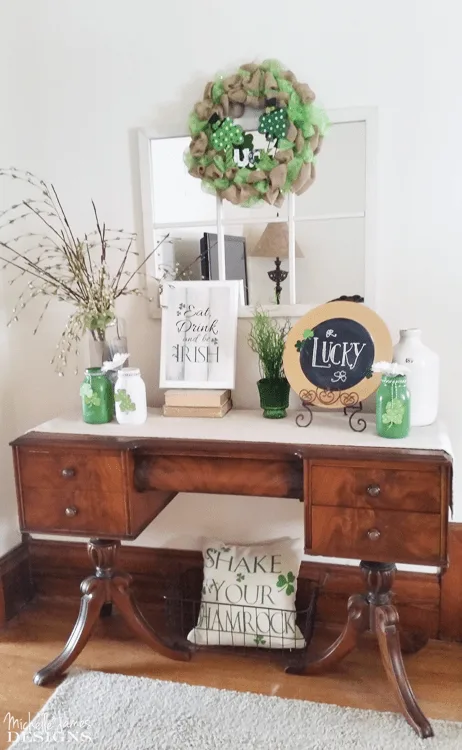 A dollar store charger plate and some chalkboard paint can make a lucky St Patrick's Day Chalkboard to add to your holiday decor!