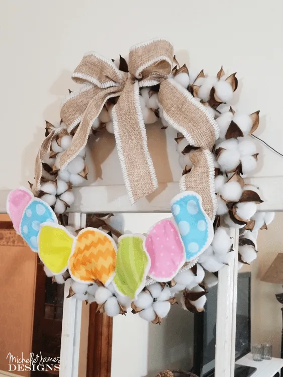 This cotton wreath is perfect for the farmhouse look I like. I changed it up and made it perfect for Easter! www.michellejdesignscom