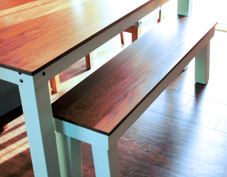 We made a dining room bench to match the dining table we built for our son and his wife. The oak stained top and the Sea Glass legs made a beautiful dining table bench they can enjoy for years and years - www.michellejdesigns.com