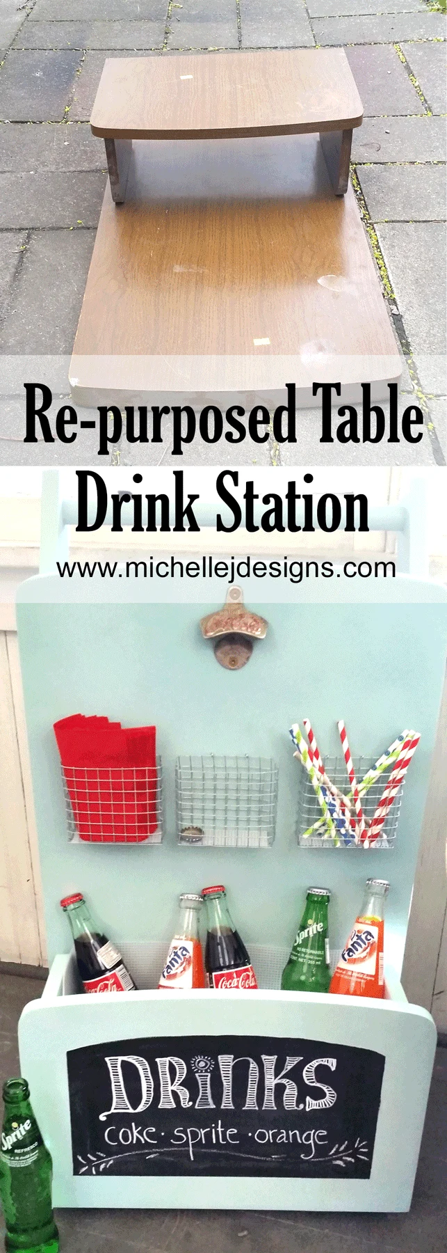 This drink station started as a table without legs. It was transformed into the perfect outdoor drink companion. Come see how we did it! www..michellejdesigns.com