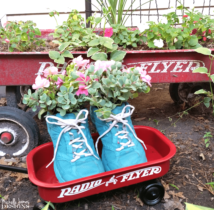 As part of our Movie Monday Challenge I created a DIY Tennis Shoe Flower Planter. Garden flower planters are a lot of fun to create from just about anything. www.michellejdesigns.com