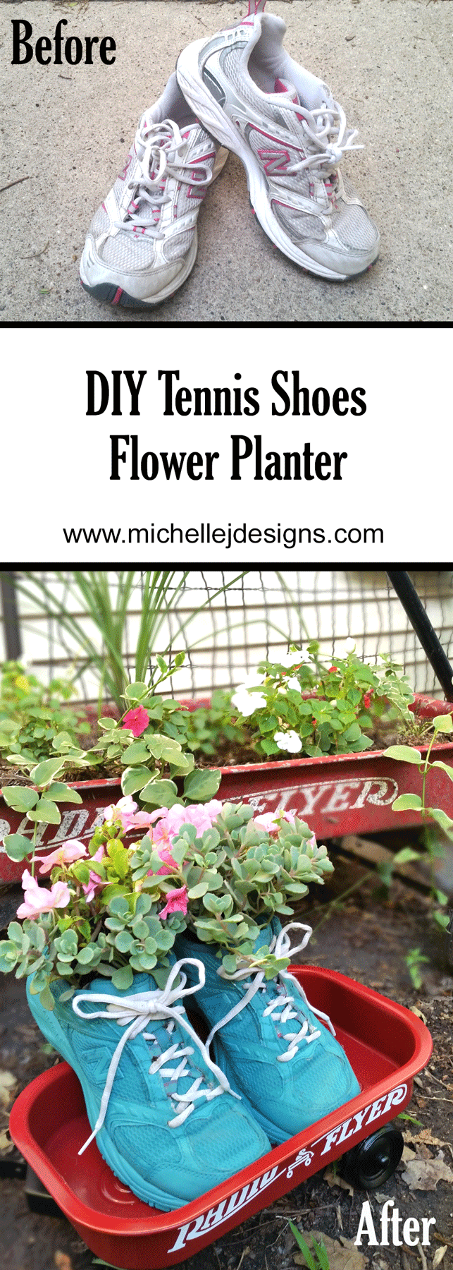As part of our Movie Monday Challenge I created a DIY Tennis Shoe Flower Planter. Garden flower planters are a lot of fun to create from just about anything. www.michellejdesigns.com