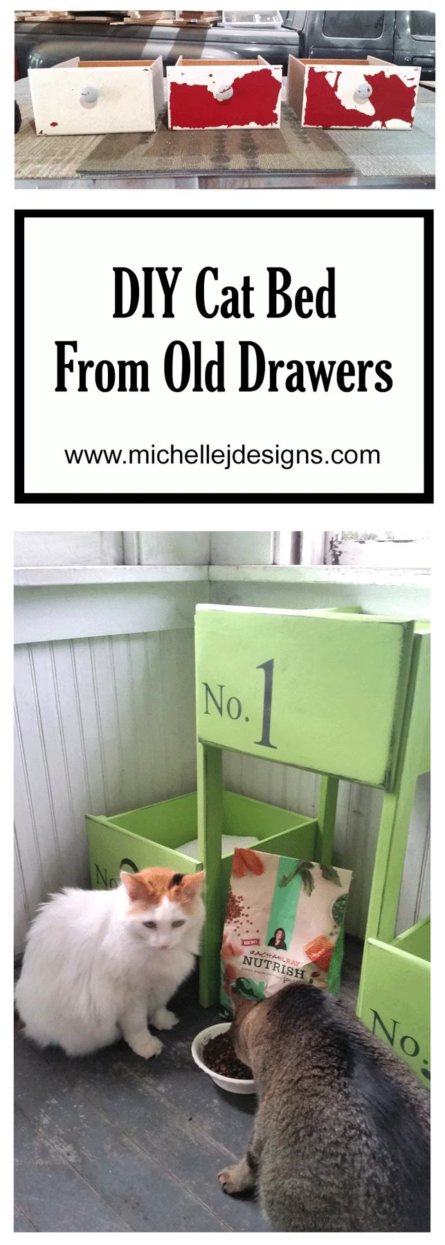 I love to re-purpose. This DIY cat bed started out from the only three drawers left from my oldest sons baby dresser/changing table. It was fun to use them to make something for our indoor fur babies! (sponsored) www.michellejdesigns.com