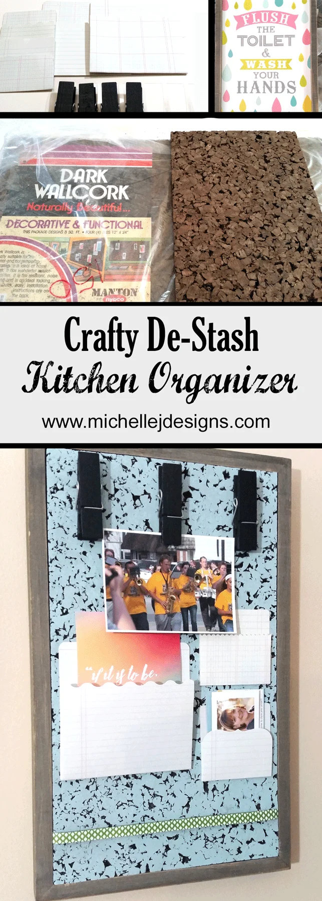 What do I get when I mix a lot of crafty stash items together? A kitchen organizer! Come see this kitchen organization board complete with pockets and clothes pins - www.michellejdesigns.com