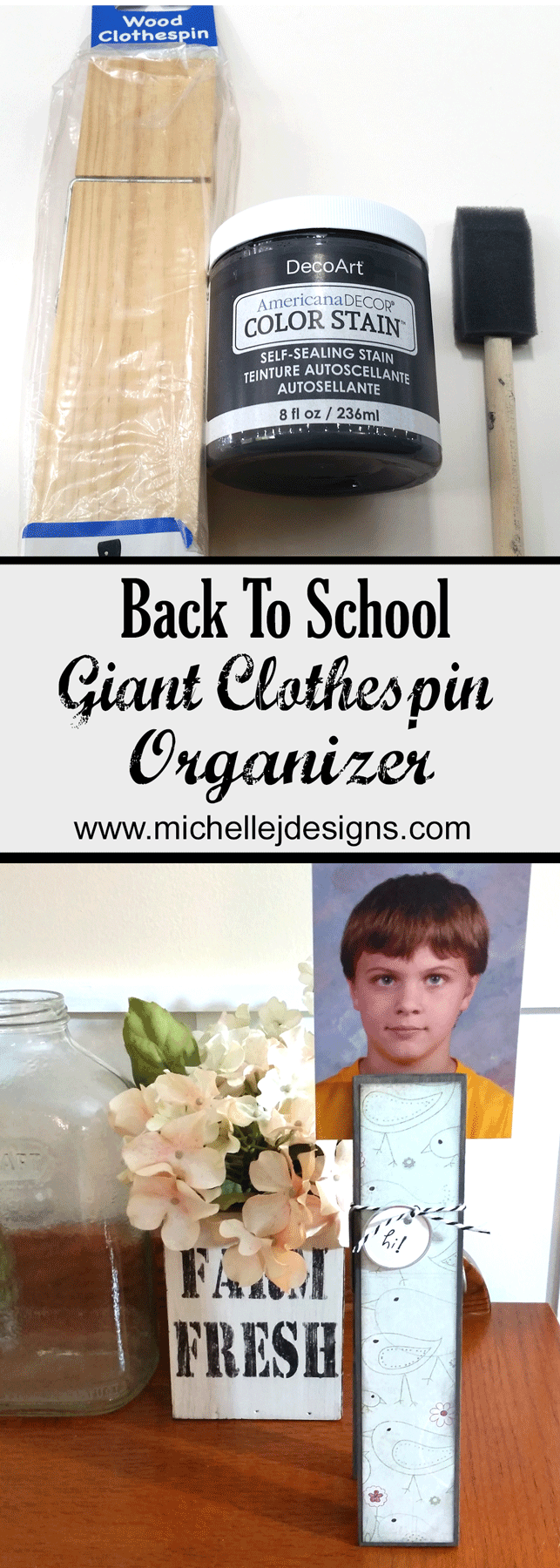 This giant clothespin organizer is perfect for remembering forms and permission slips to holding photos. Get going on back to school fun right now! - www.michellejdesigns.com