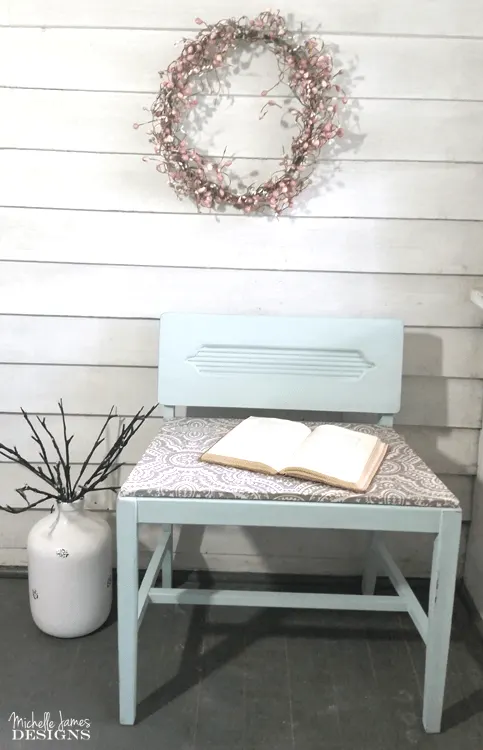 A new seat and some pretty paint was added to complete this DIY vanity chair makeover. - www.michellejdesigns.com