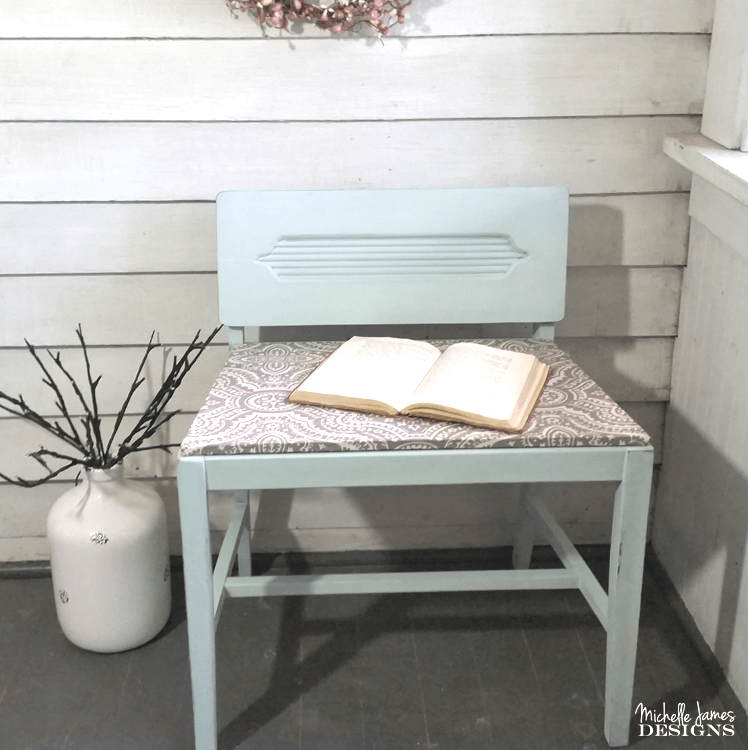 This sweet DIY vanity chair was broken and sad. With a coat of nice paint and a new seat it is perfect! - www.michellejdesigns.com