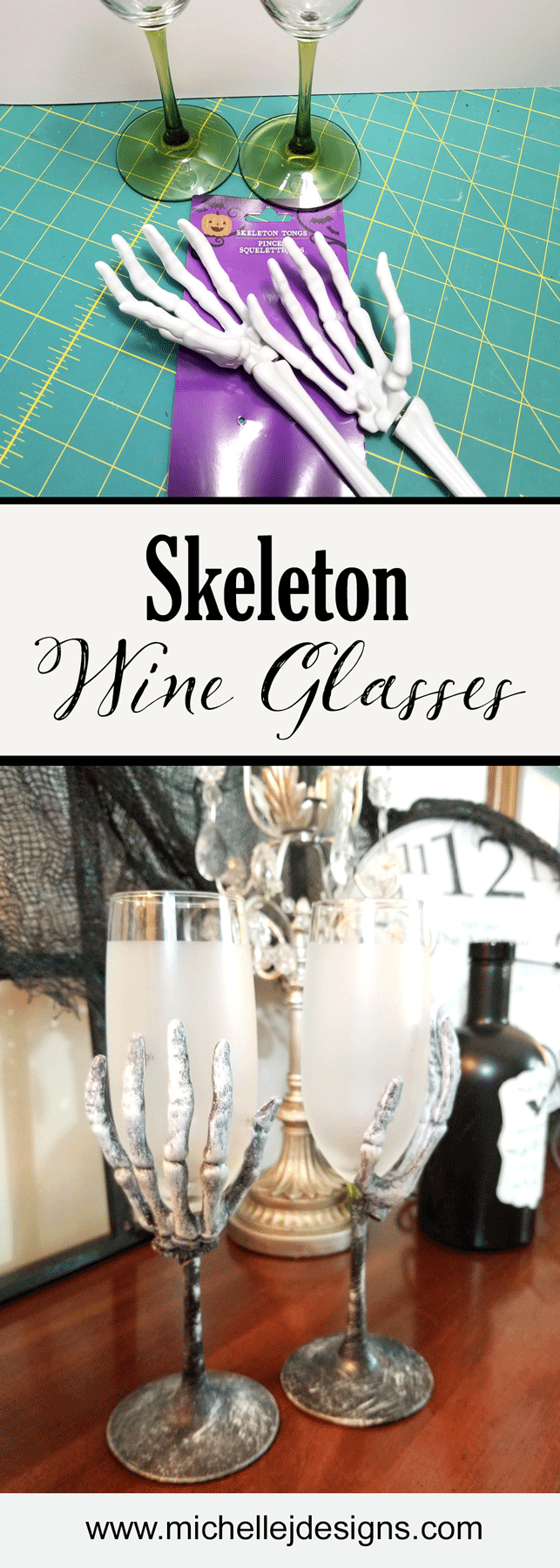 With a few supplies from the Dollar Store you are will on your way to creating some creepy skeleton wine glasses for your Halloween decor - www.michellejdesigns.com