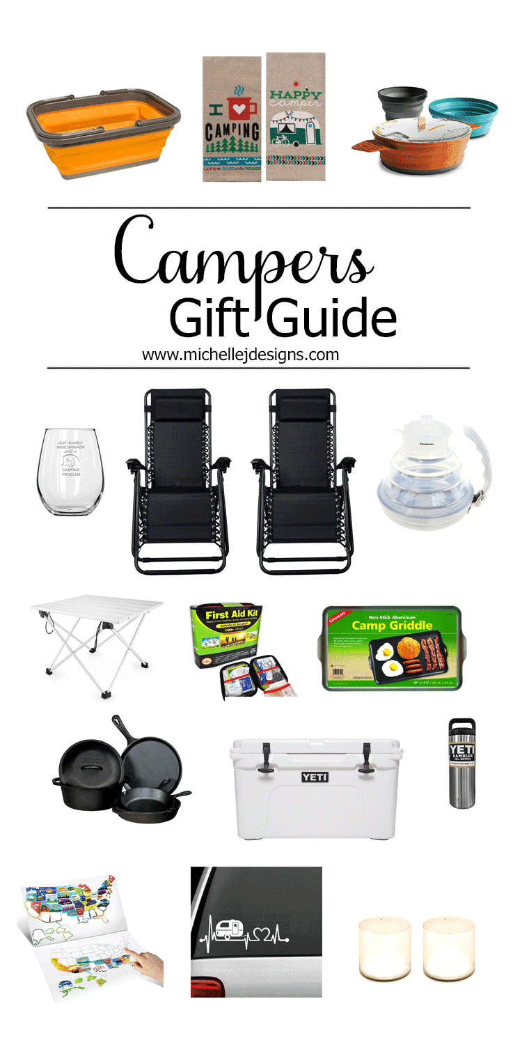 I have a lot of friends who love to camp and I bet you do too. I have put together a campers gift guide. All of these items will surely put a smile on their face! - www.michellejdesigns.com