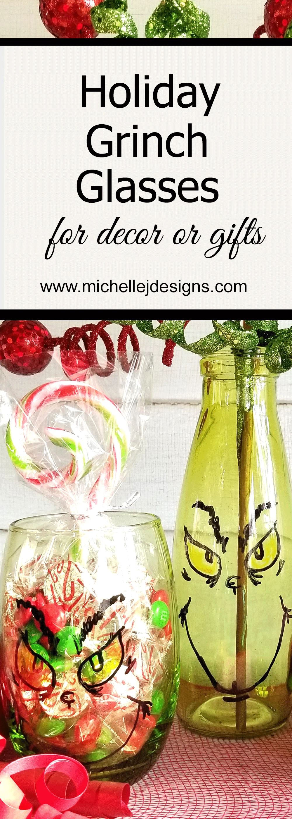 Create some fun Grinch glasses then use them for easy Grinch Gifts for neighbors, friends, or family!