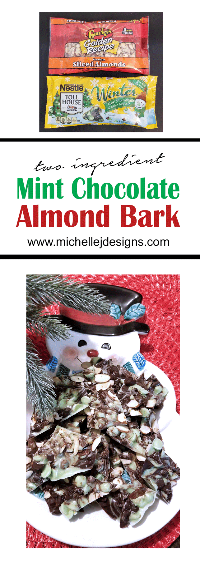 This mint chocolate almond bark is so easy and only needs two ingredients. It is my new favorite! - www.michellejdesigns.com