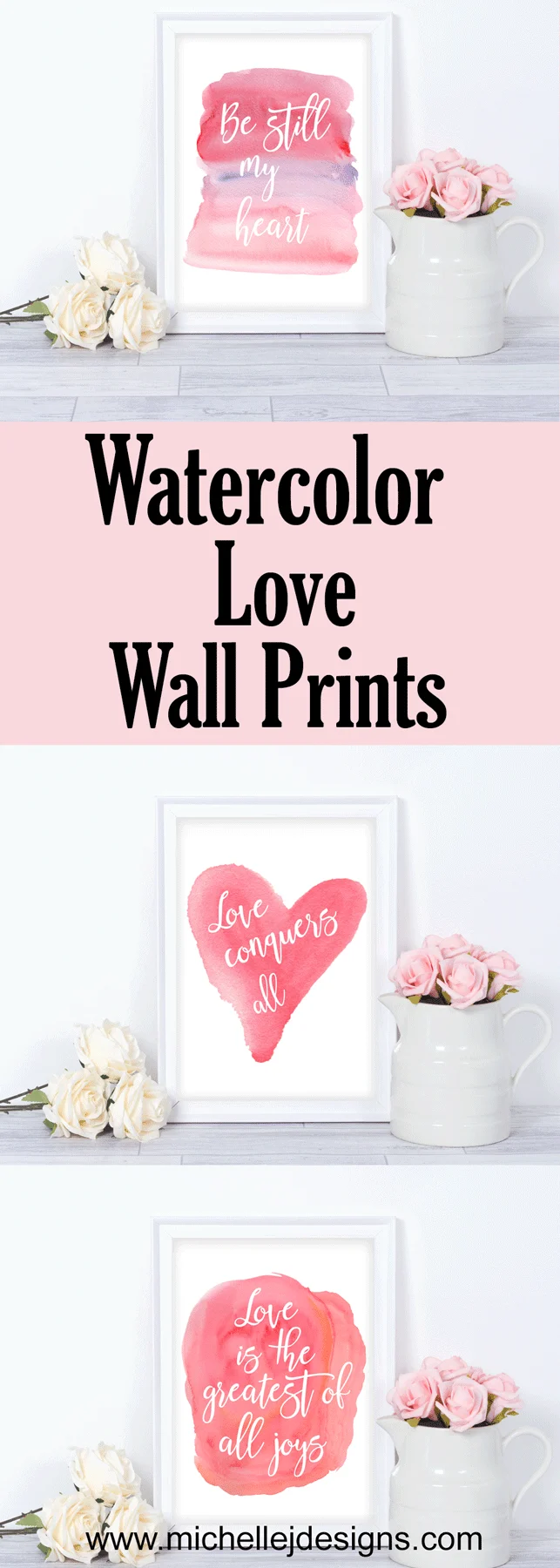 I love nice artwork that doesn't cost a fortune. These digital Watercolor Love Wall Prints are pretty and perfect for a little bit of Valentine's Day Decor - www.michellejdesigns.com