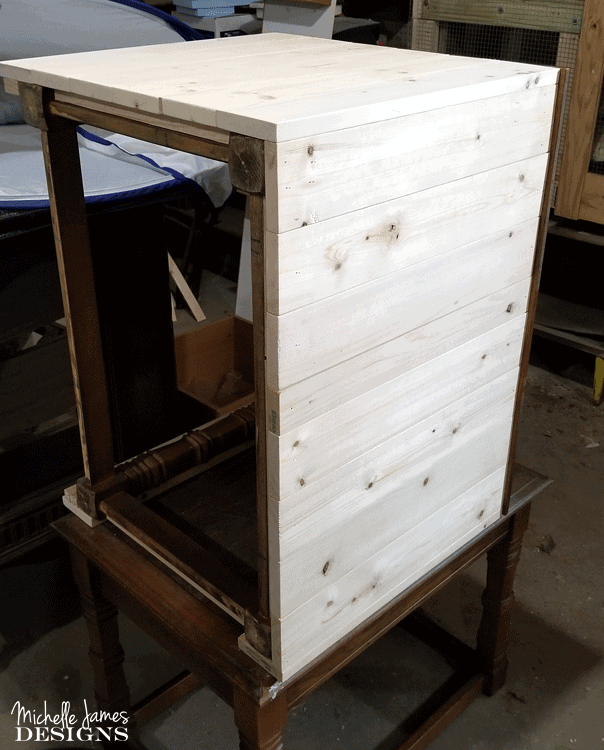 We transformed two end tables into a DIY farmhouse style cat litter box furniture to conceal a litter box. #NutrishForCats #NutrishPets #catfurniture #diy #farmhousestyle - www.michellejdesigns.com