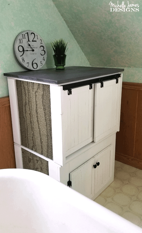 We transformed two end tables into a DIY farmhouse style cat litter box furniture to conceal a litter box. #NutrishForCats #NutrishPets #catfurniture #diy #farmhousestyle - www.michellejdesigns.com