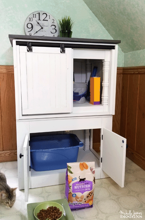 We transformed two end tables into a DIY farmhouse style cat litter box furniture to conceal a litter box. #NutrishForCats #NutrishPets #catfurniture #diy #farmhousestyle - www.michellejdesigns.com