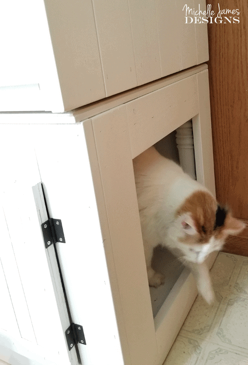 We transformed two end tables into a DIY farmhouse style cat litter box furniture to conceal a litter box. #NutrishForCats #NutrishPets #catfurniture #diy #farmhousestyle - www.michellejdesigns.com