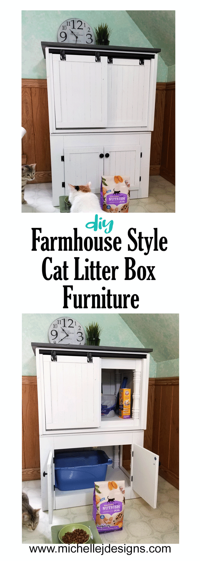 We transformed two end tables into a DIY farmhouse style cat litter box furniture to conceal a litter box. #NutrishForCats #NutrishPets #catfurniture #diy #farmhousestyle - www.michellejdesigns.com