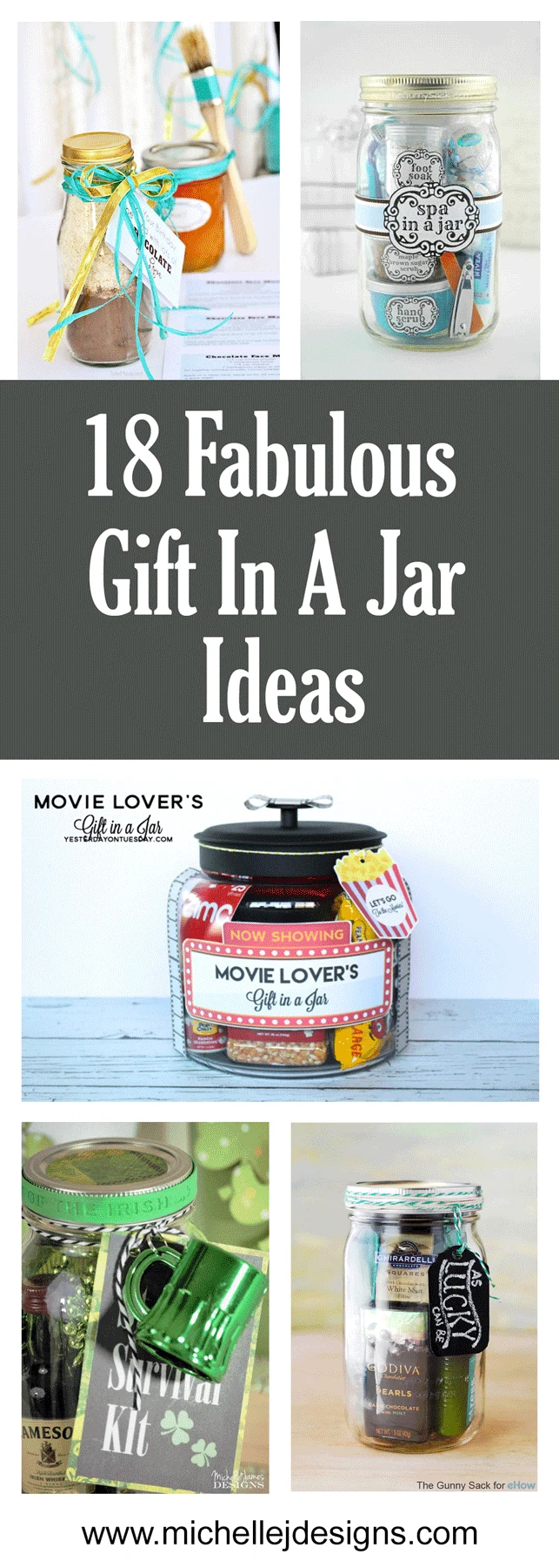 A collage of 5 of the 18 fabulous gift in a jar idea.