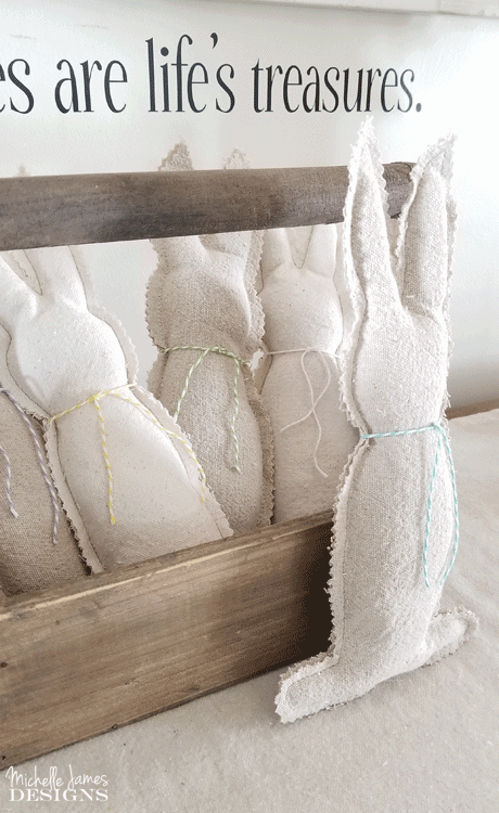 I love to create with drop cloths. They are budget friendly and give that popular farmhouse look. These drop cloth bunnies are one of my favorites! #dropcloth #dropclothprojects #farmhousestyle #bunnies - www.michellejdesigns.com