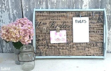The farmhouse, romantic look is so fun to create and still very popular. I created a magnetic memo board from a thrift store tray that has this fun farmhouse look. #organize #farmhousestyle #memoboard - www.michellejdesigns.com