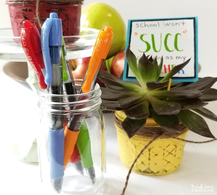 Create a diy mason jar teacher gift this year with succulents that will grow and be enjoyed all year long. - www.michellejdesigns.com