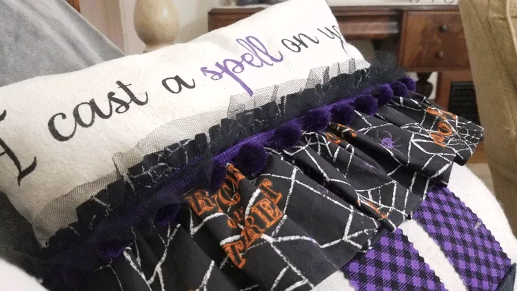 These are the most fun Halloween Throw Pillows. Grab your sewing machine and let's make them together! #michellejdesigns #halloweenthrowpillows #halloweendecor #halloween #witchpillows #funwitches