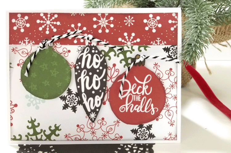 Create and easy DIY Ornament Christmas Card with scrapbook paper - www.michellejdesigns.com #michellejdesigns #diyChristmascard #handmadecards #holidayhandmade