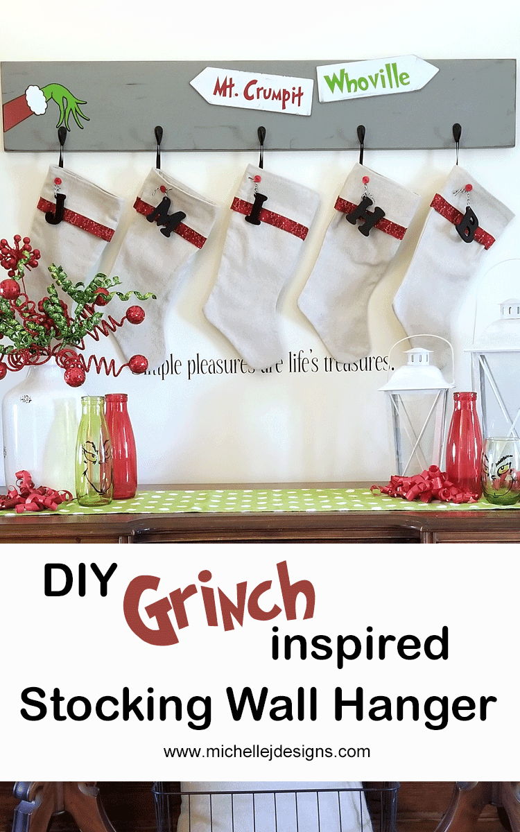 This DIY Grinch Inspired Stocking Wall Hanger is super cute and is the perfect touch if you don't have a mantel! www.michellejdesigns.com - #michellejdesigns #stockinghanger #grinchstockinghanger