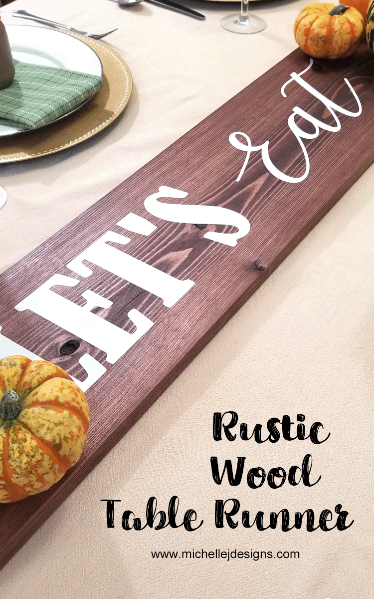 Create your own DIY Rustic Wood Table Runner with just a few materials. It is easy and it looks great! - www.michellejdesigns.com #michellejdesisgns #woodtablerunner #tablerunner #farmhousestyle