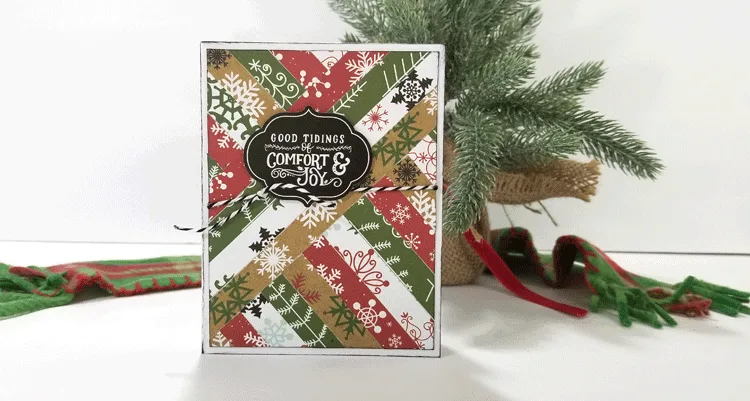 Patterned paper cut into strips makes a stunning card. This paper strips Christmas card is so pretty and ready to send! www.michellejdesigns.com #michellejdesigns #handmadechristmascards #diycards #echopark