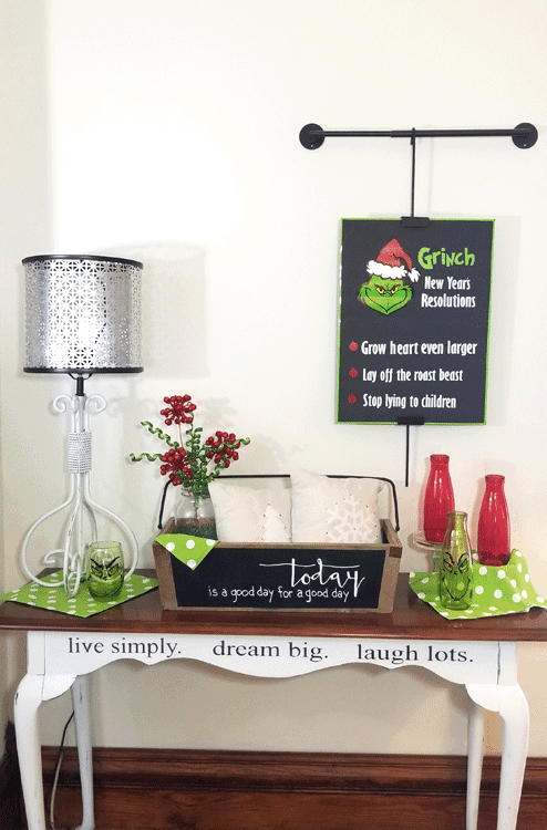 I have been having fun with the Grinch decorations in my home. This funny sign adds a little more humor to the mix! #michellejdesigns #thegrinch #grinchdecor