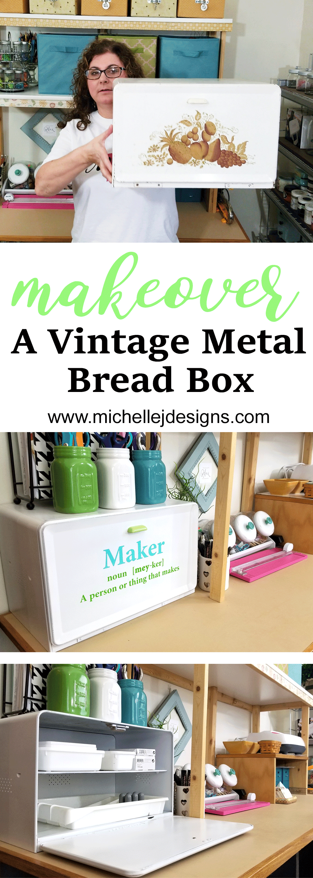 Upcycling and repurposing old items is one of my favorite things to do. This post will show you how I made over a vintage metal bread box with paint and some vinyl cut on my Silhouette Cameo. - www.michellejdesigns.com - #michellejdesigns #repurposeit #thriftstoreupcyle #DIY #StyleTechCraft