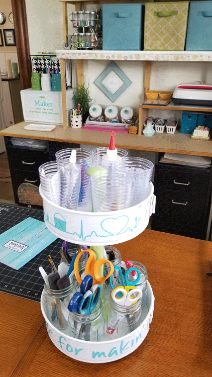 Photo of upcyled tiered craft tool organizer all put together with tools