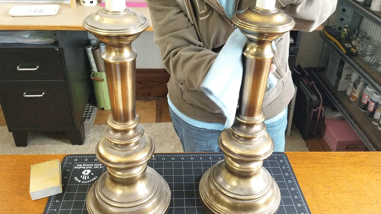 Cleaning the brass lamps before painting