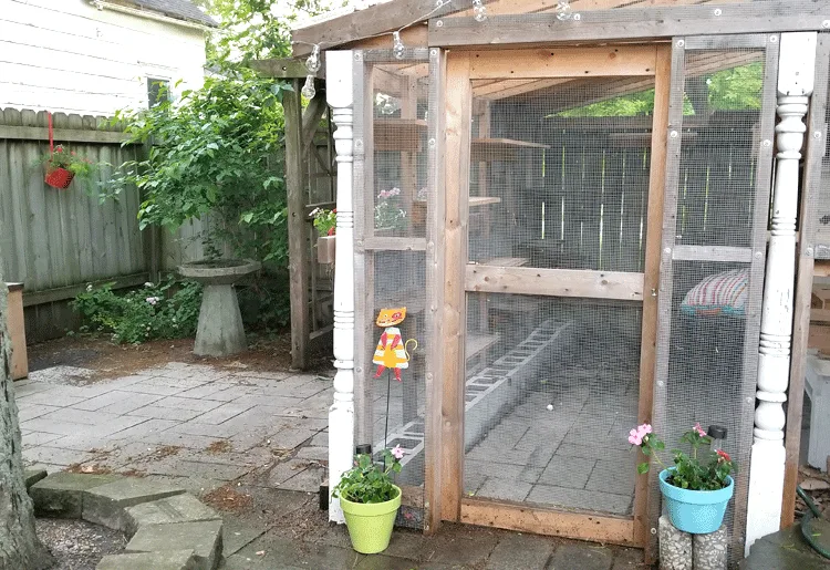 Catio area of the backyard patio with colorful pots and flower boxes.