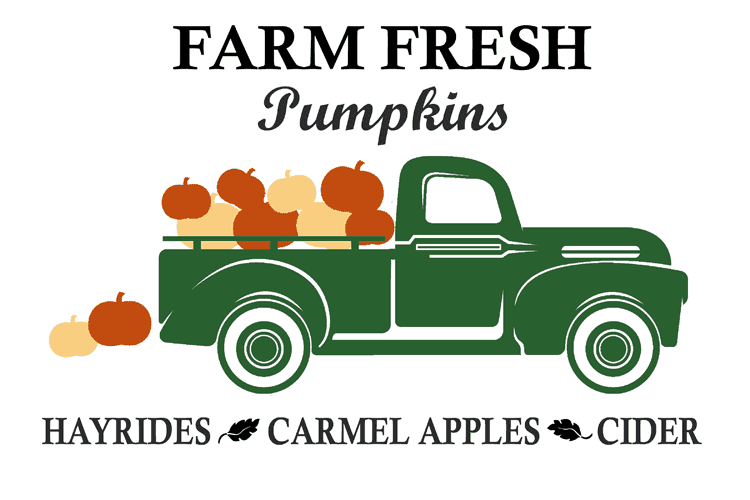 Green vintage truck with gold and orange pumpkins loaded into the back. Black text above reads Farm Fresh Pumpkins and black text below reads Hayrides, Carmel Apples, Cider