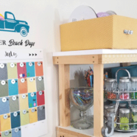Side view of the calendar and wall art hanging in my craft space above my desk and next to the shelves.