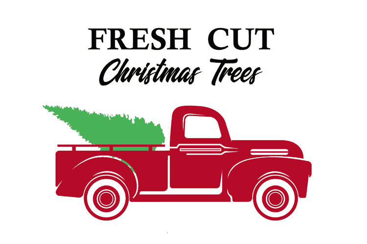 Red vintage truck with a tree loaded into the back. The black text above reads Fresh Cut Christmas Trees