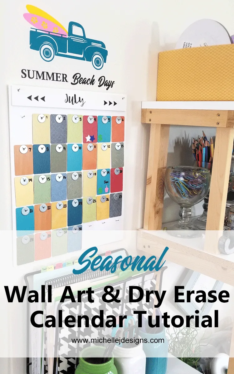 Colorful formica samples wall calendar and a vinyl wall decor image of a vintage truck with two surfboards in the back above it.