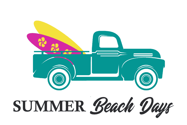 Teal Vintage Truck with two surf boards in the back and the text Summer Beach Days under the design