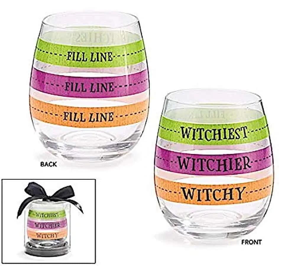 Stemless wine glasses with pour lines that read witchy, witchier, and witchiest. 