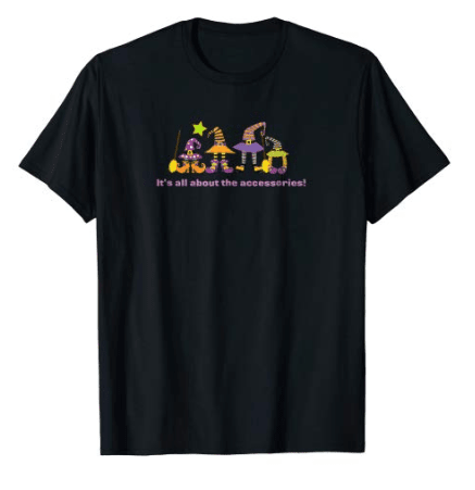 Black T-Shirt with witches hats, shoes, socks and brooms