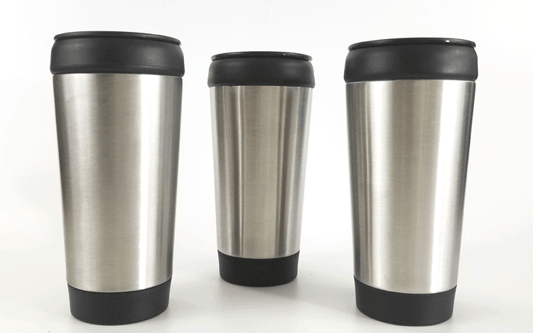 Three plain silver and black dollar tree travel mugs.