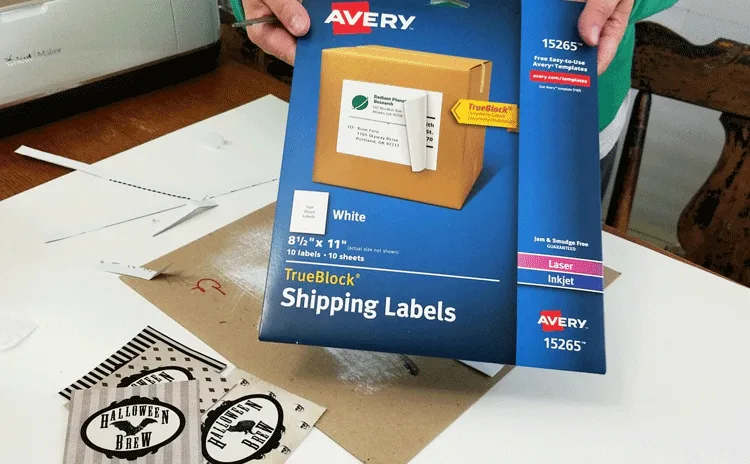 Photo of the packaging for the 8.5 x 11 Avery shipping labels I use as sticker paper.