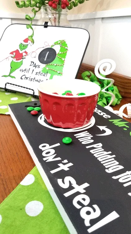 Finished Christmas Eve wood tray for the Grinch asking him not to steal Christmas and offering Who Pudding and a snack for Max