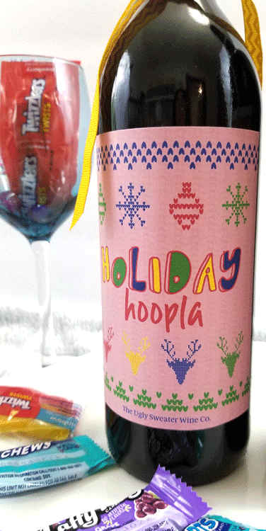 Finished holiday wine with festive holiday wine labels