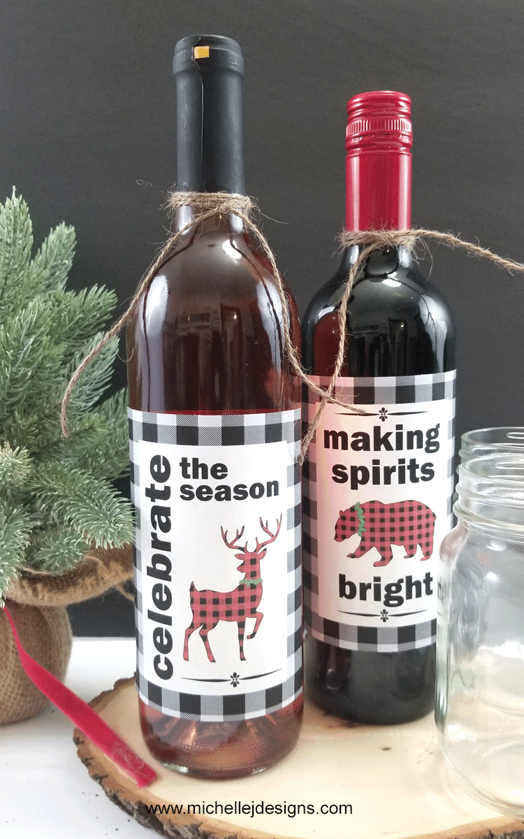 Wine bottles with the printable buffalo check printable wine labels and a rustic twine tied at the top.