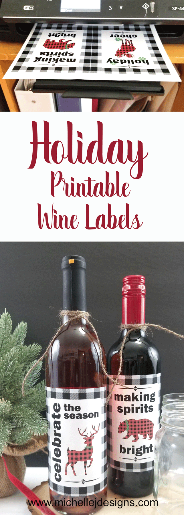 Finished holiday wine with festive holiday wine labels.
