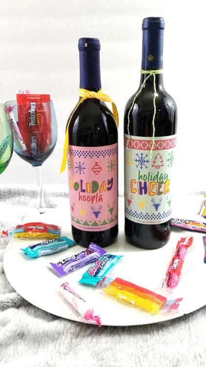 Finished holiday wine with festive holiday wine labels