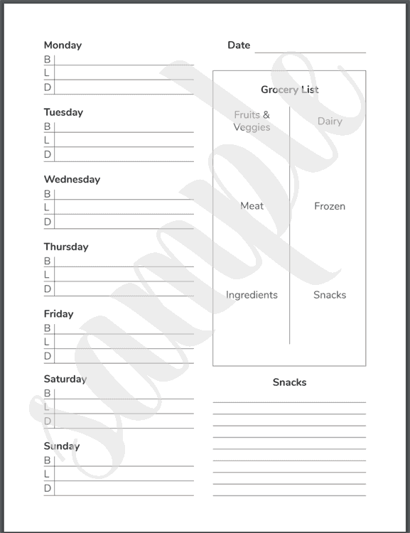 Meal planning sheet for 2020 weekly and monthly planner